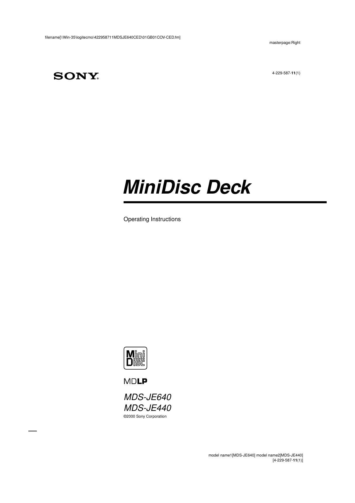 sony mds je 640 owners manual