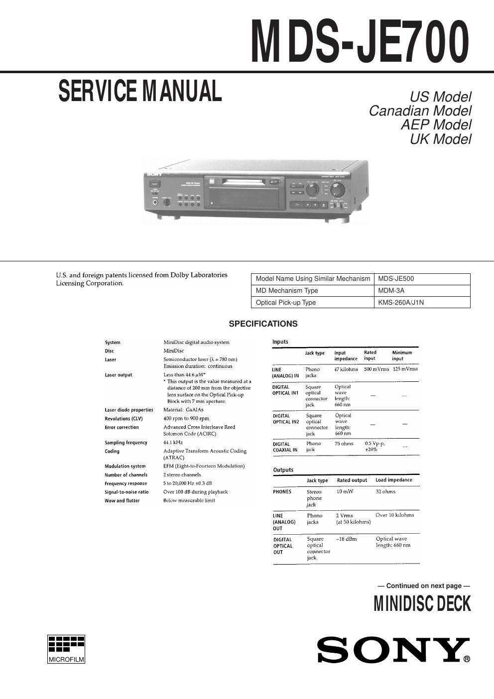 sony mds je 700 service manual