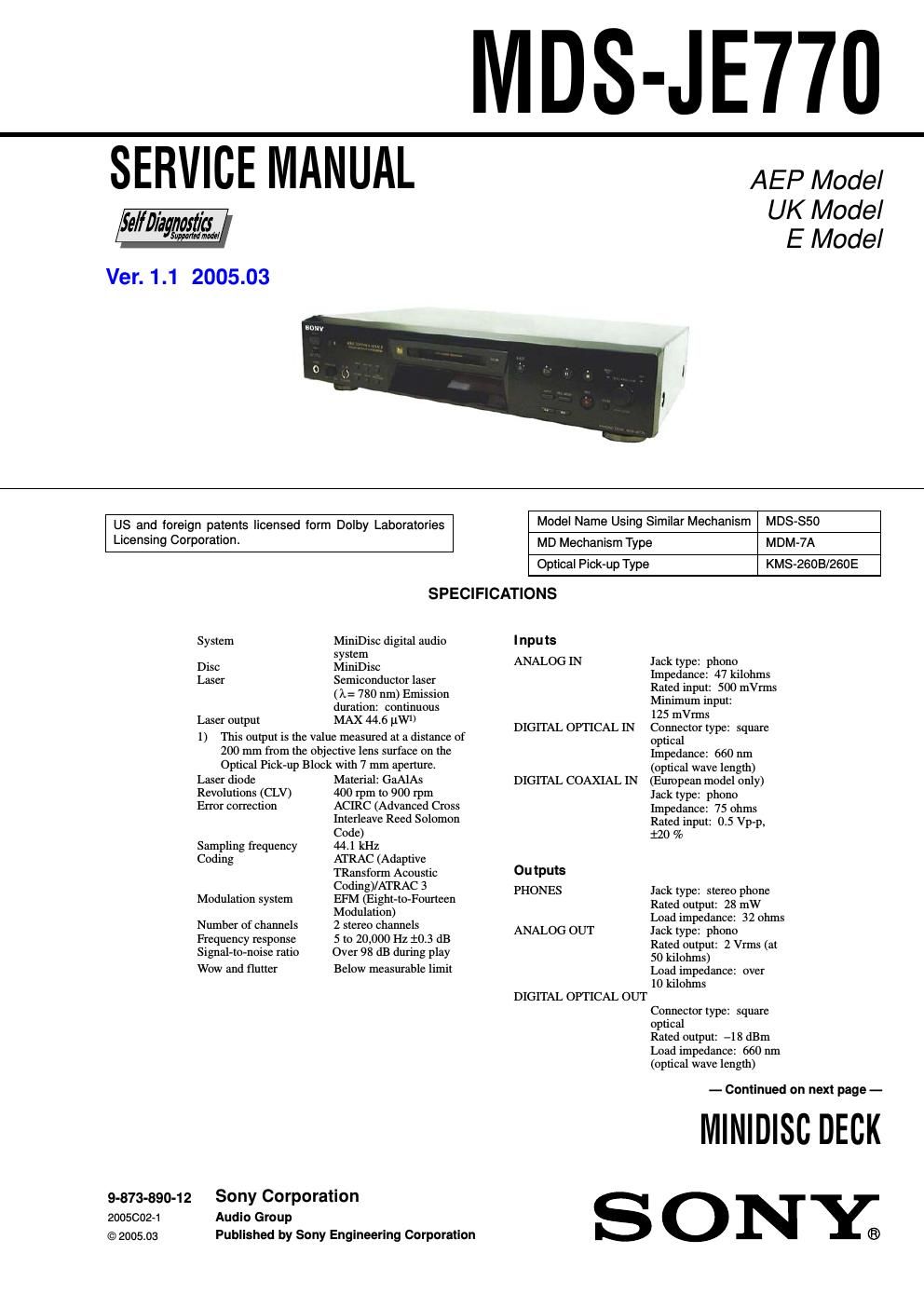 sony mds je 770 service manual