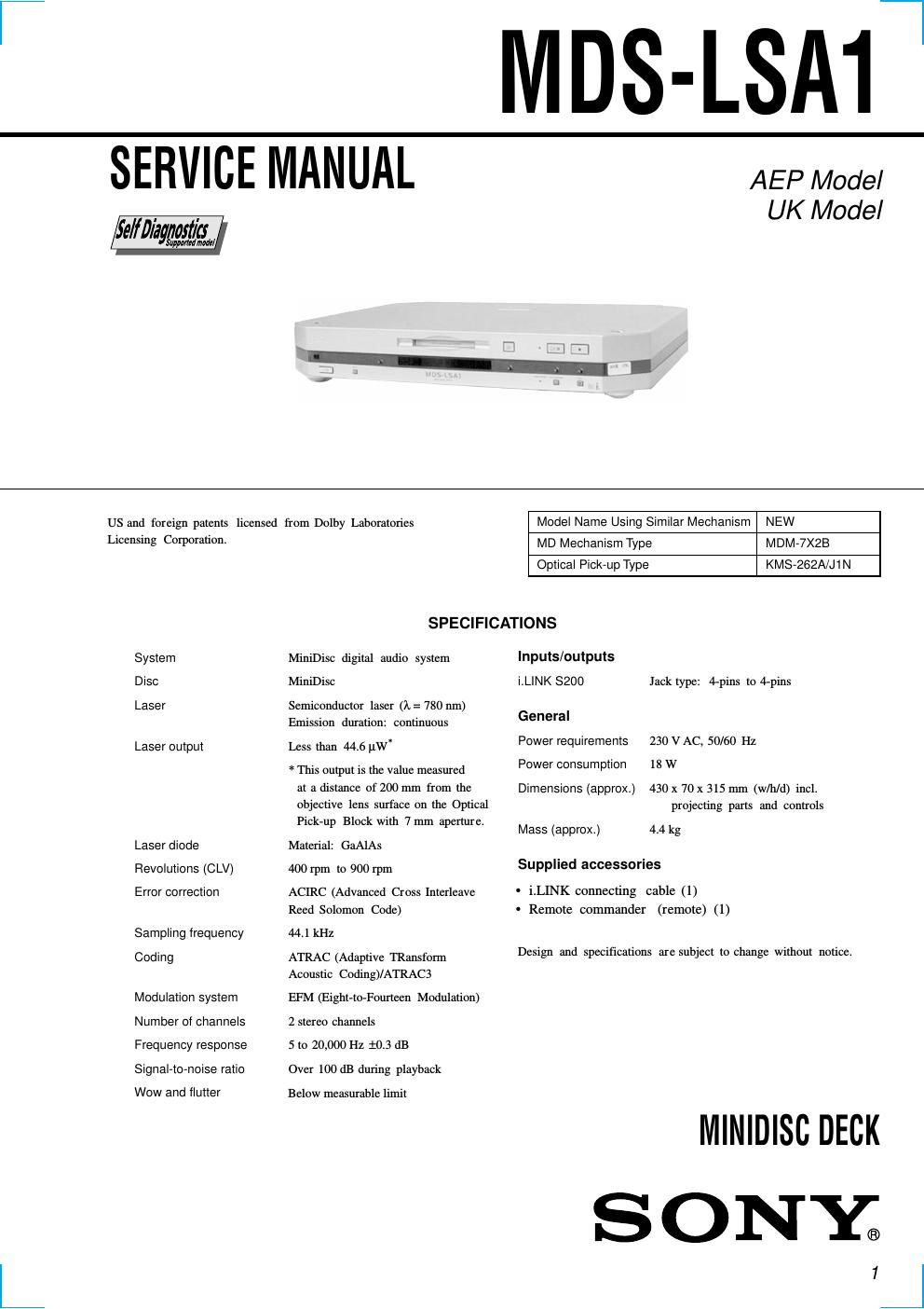 sony mds lsa 1 service manual