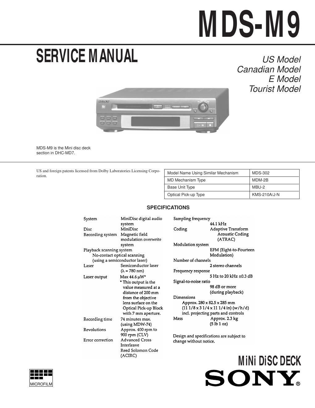 sony mds m 9 service manual