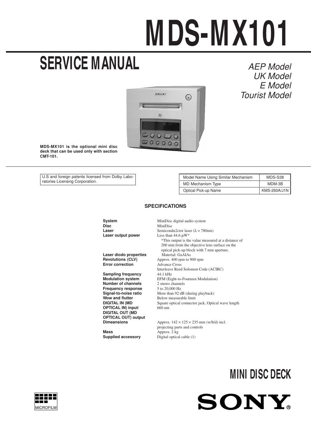 sony mds mx 101 service manual