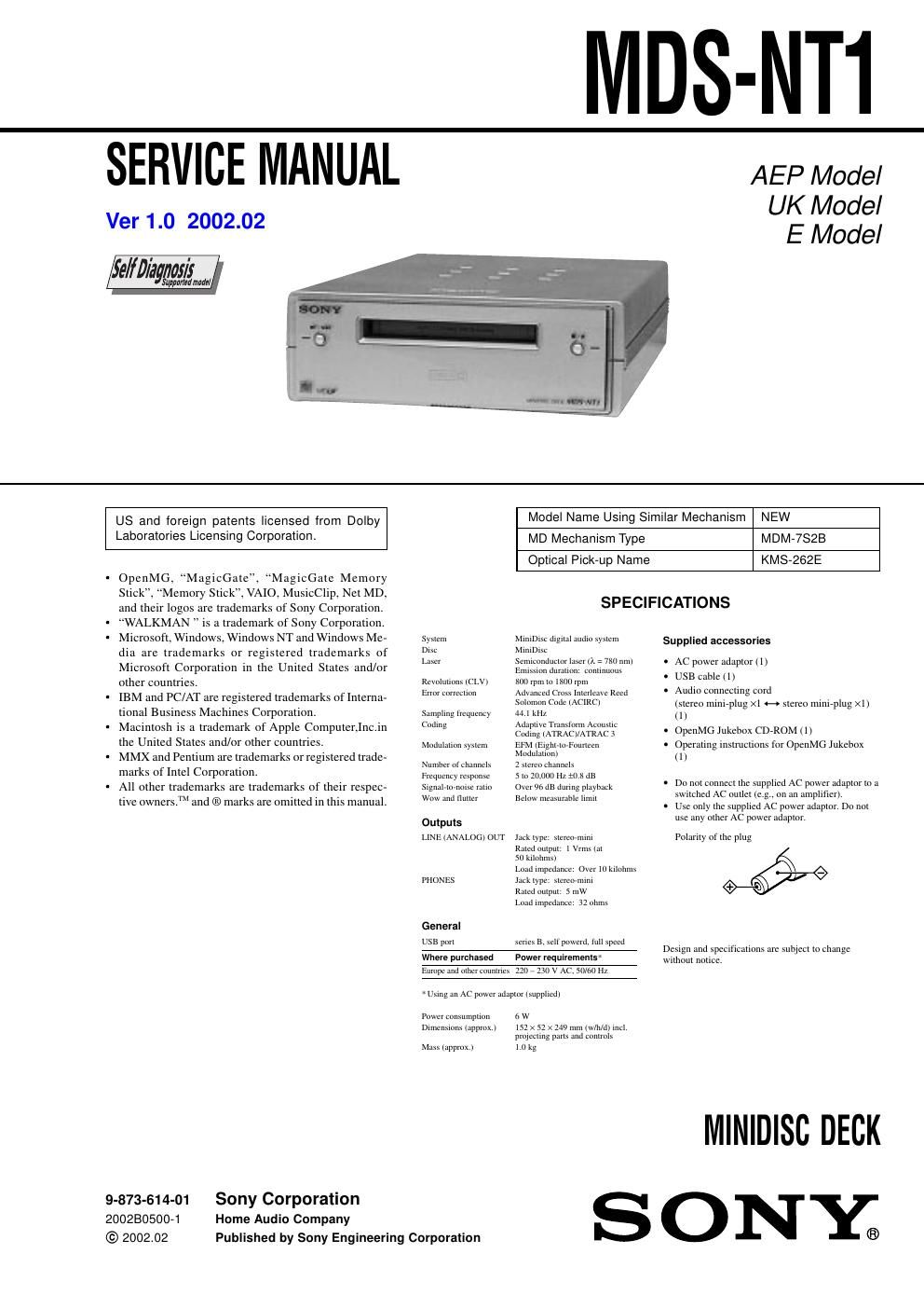 sony mds nt 1 service manual