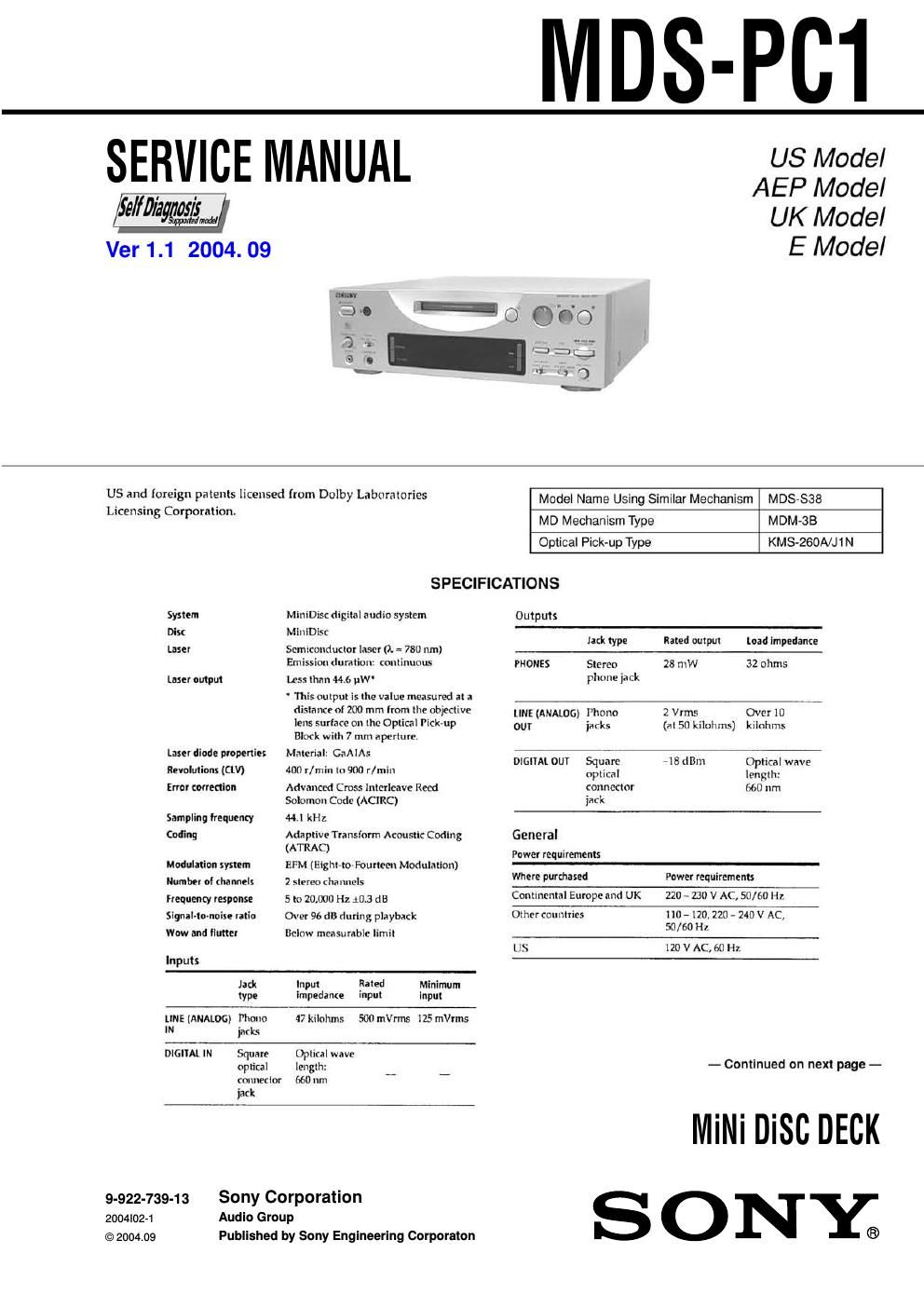 sony mds pc 1 service manual