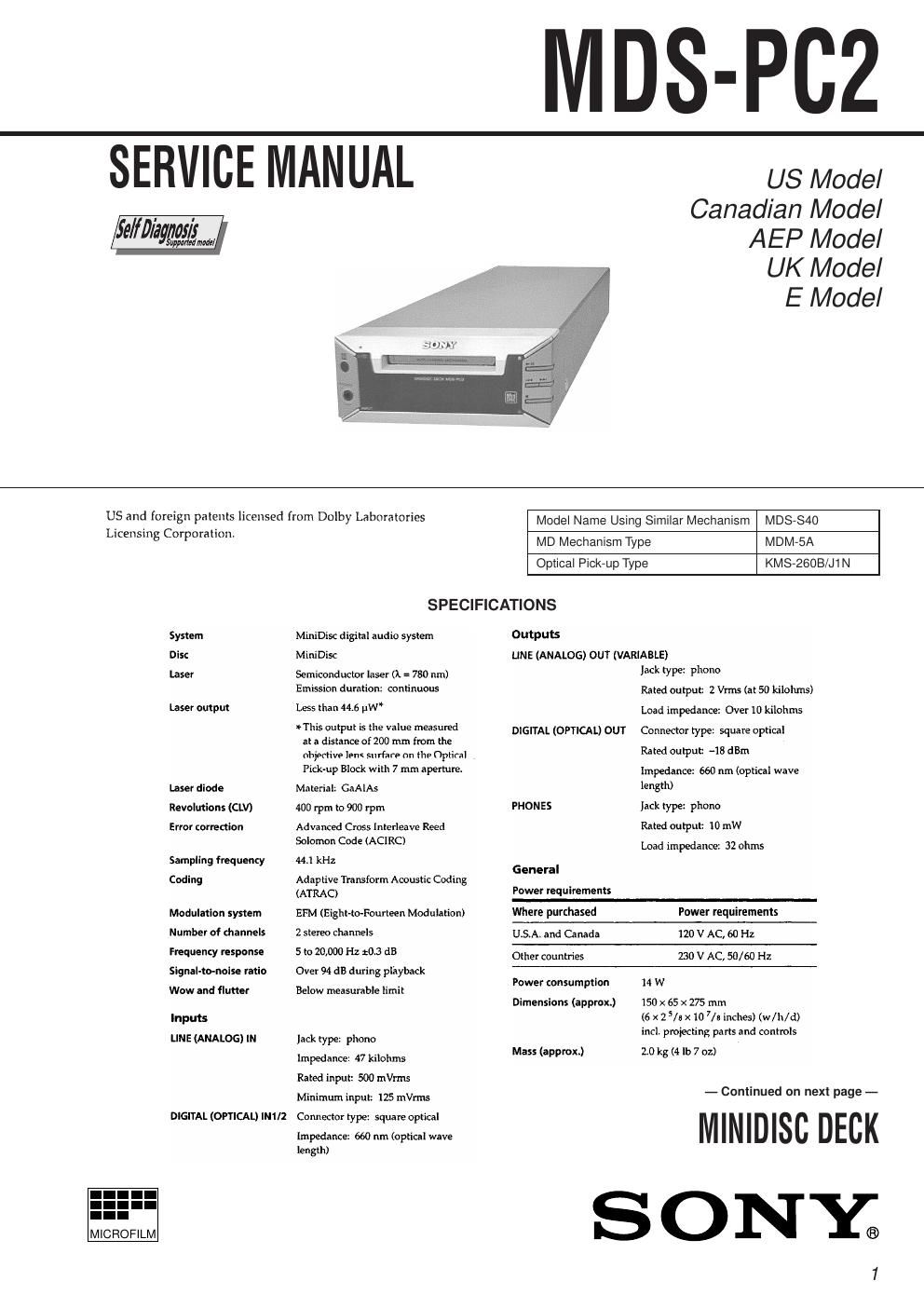 sony mds pc 2 service manual