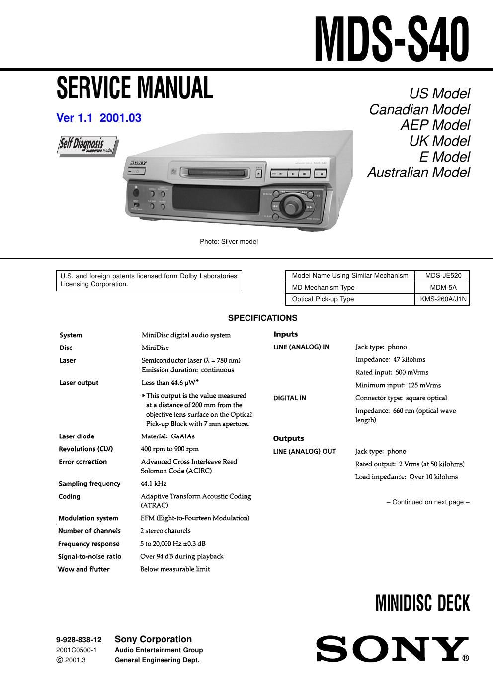 sony mds s 40 service manual