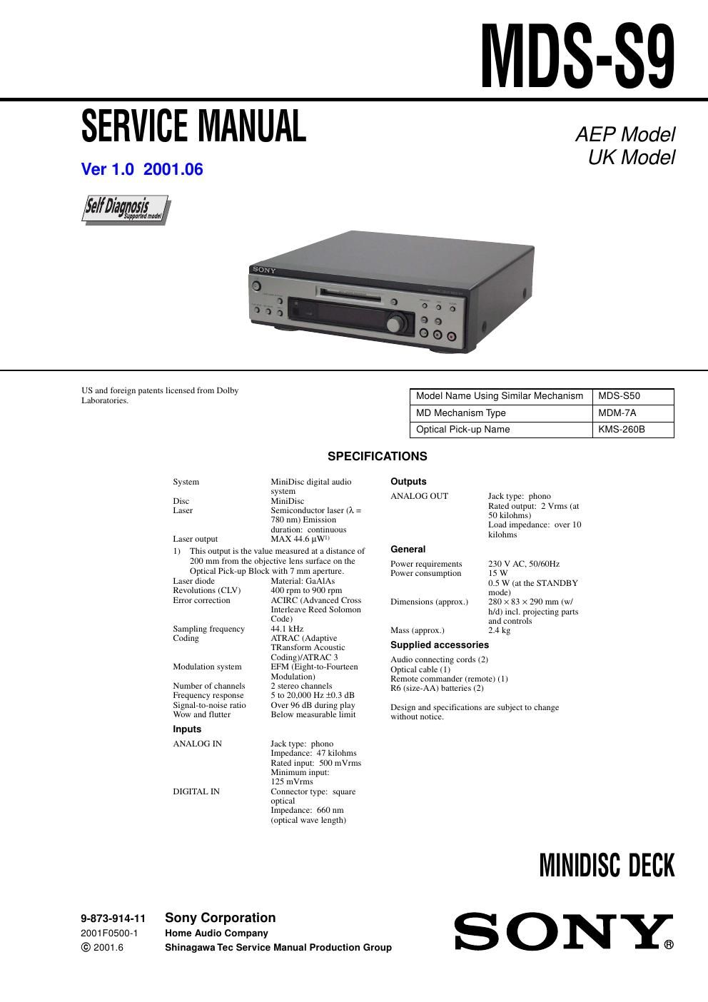 sony mds s 9 service manual