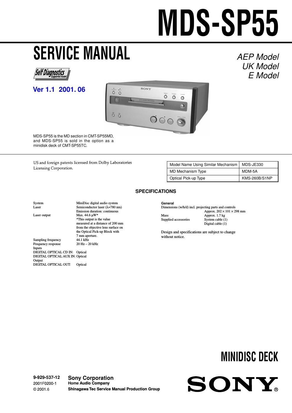 sony mds sp 55 service manual