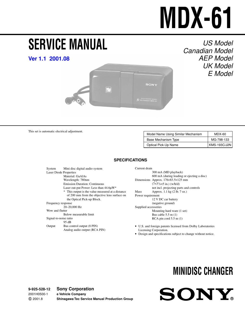 sony mdx 61 service manual