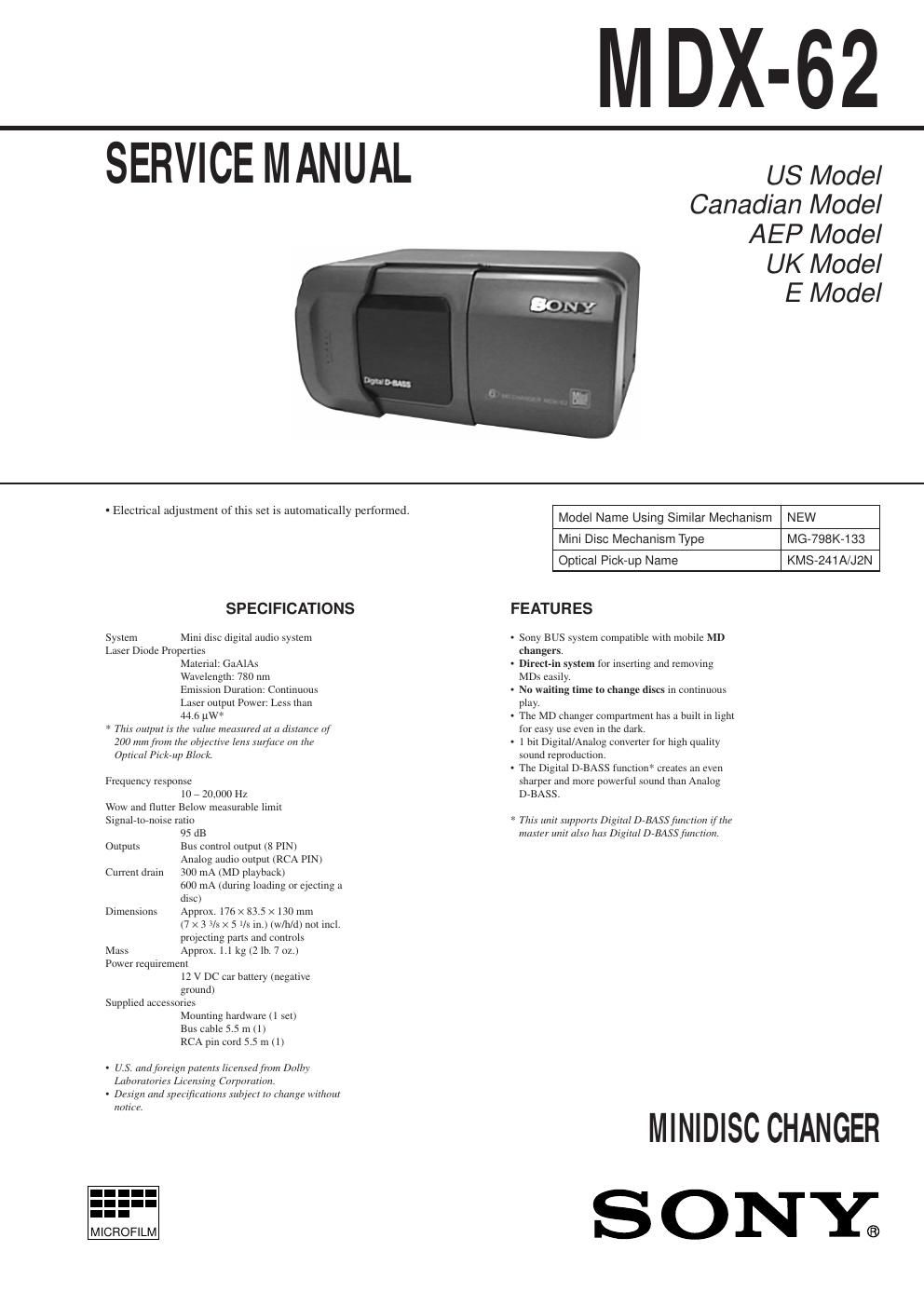 sony mdx 62 service manual