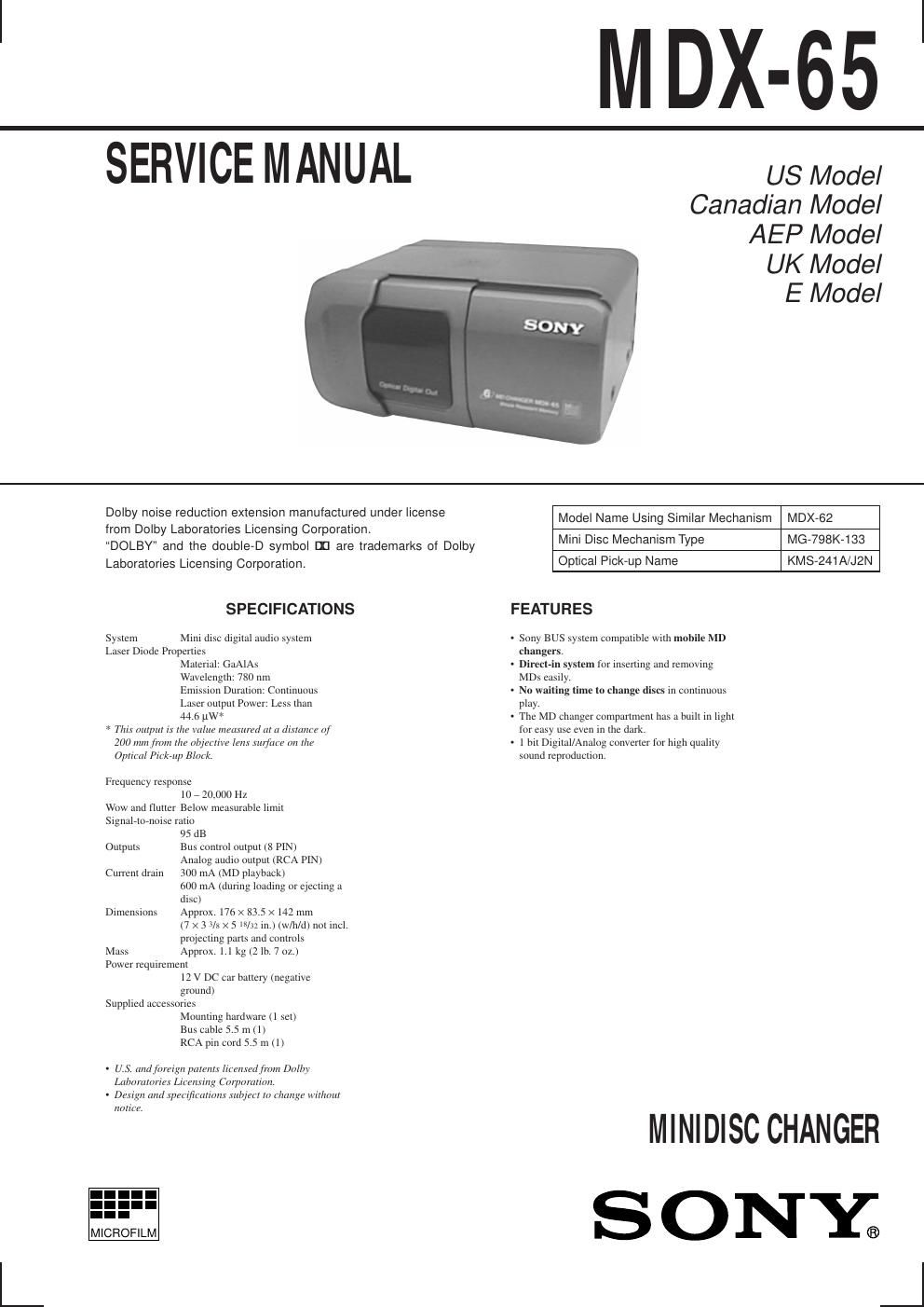 sony mdx 65 service manual