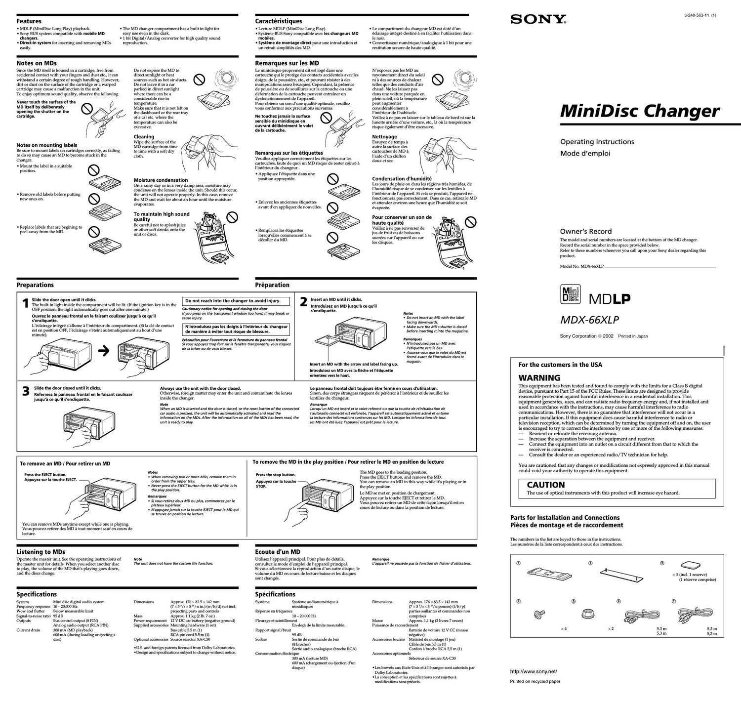 sony mdx 66 xlp owners manual