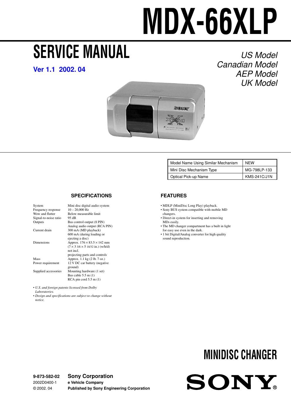 sony mdx 66 xlp service manual