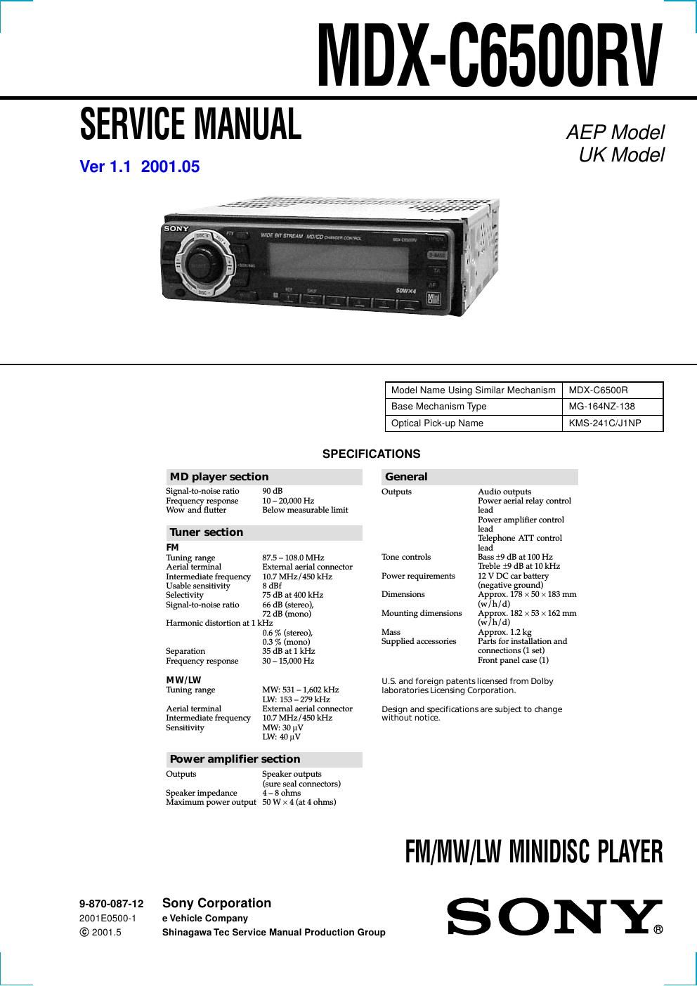 sony mdx c 6500 rv service manual