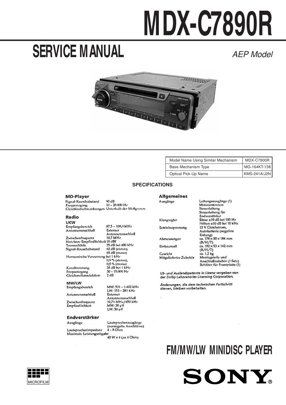 sony mdx c 7890 r service manual