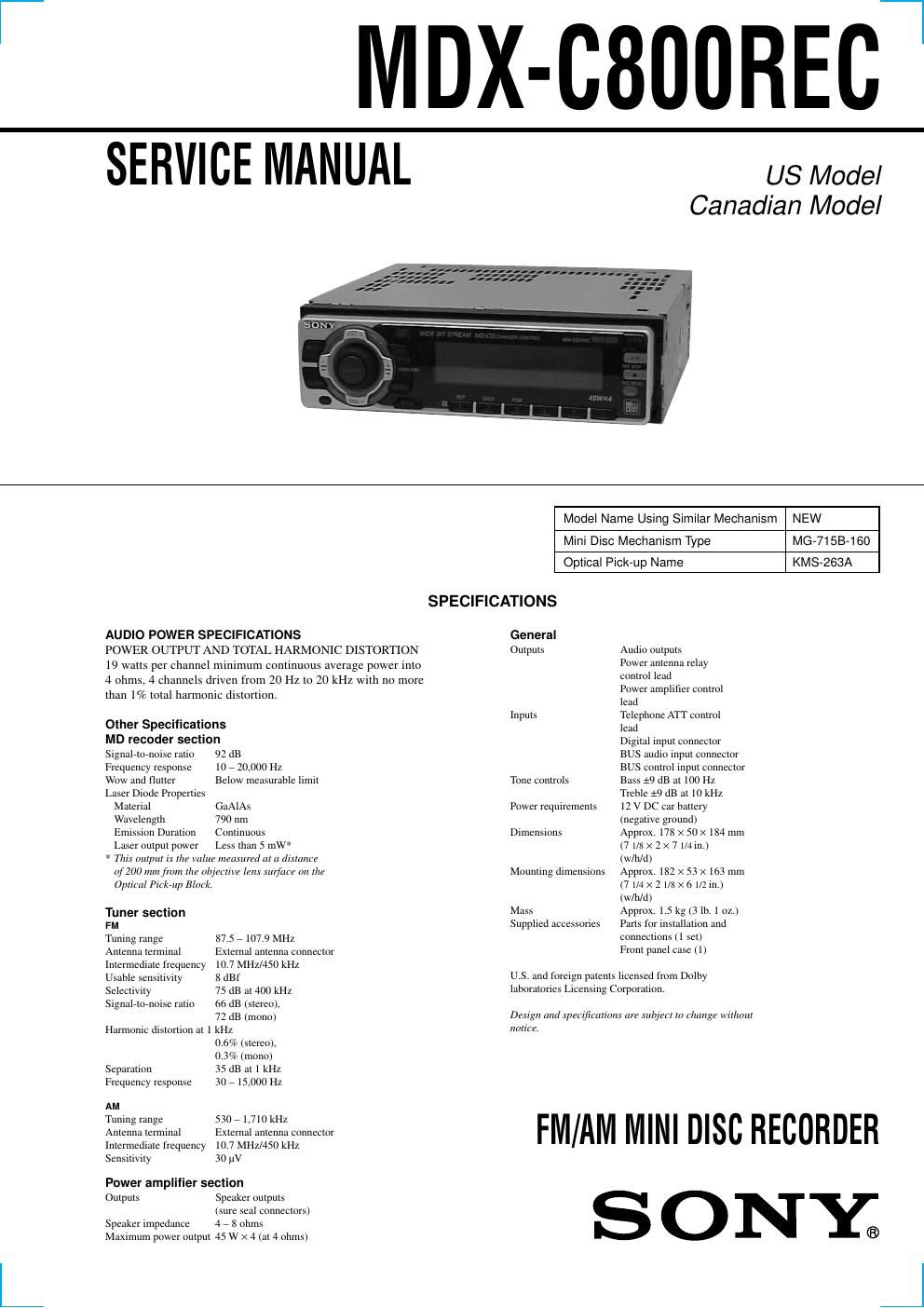 sony mdx c 800 rec service manual
