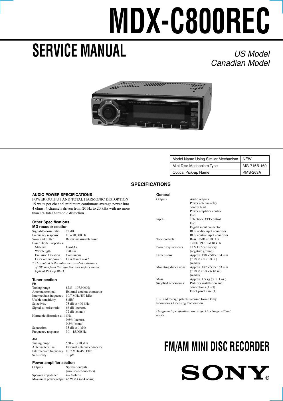 sony mdx c 800 rec service manual