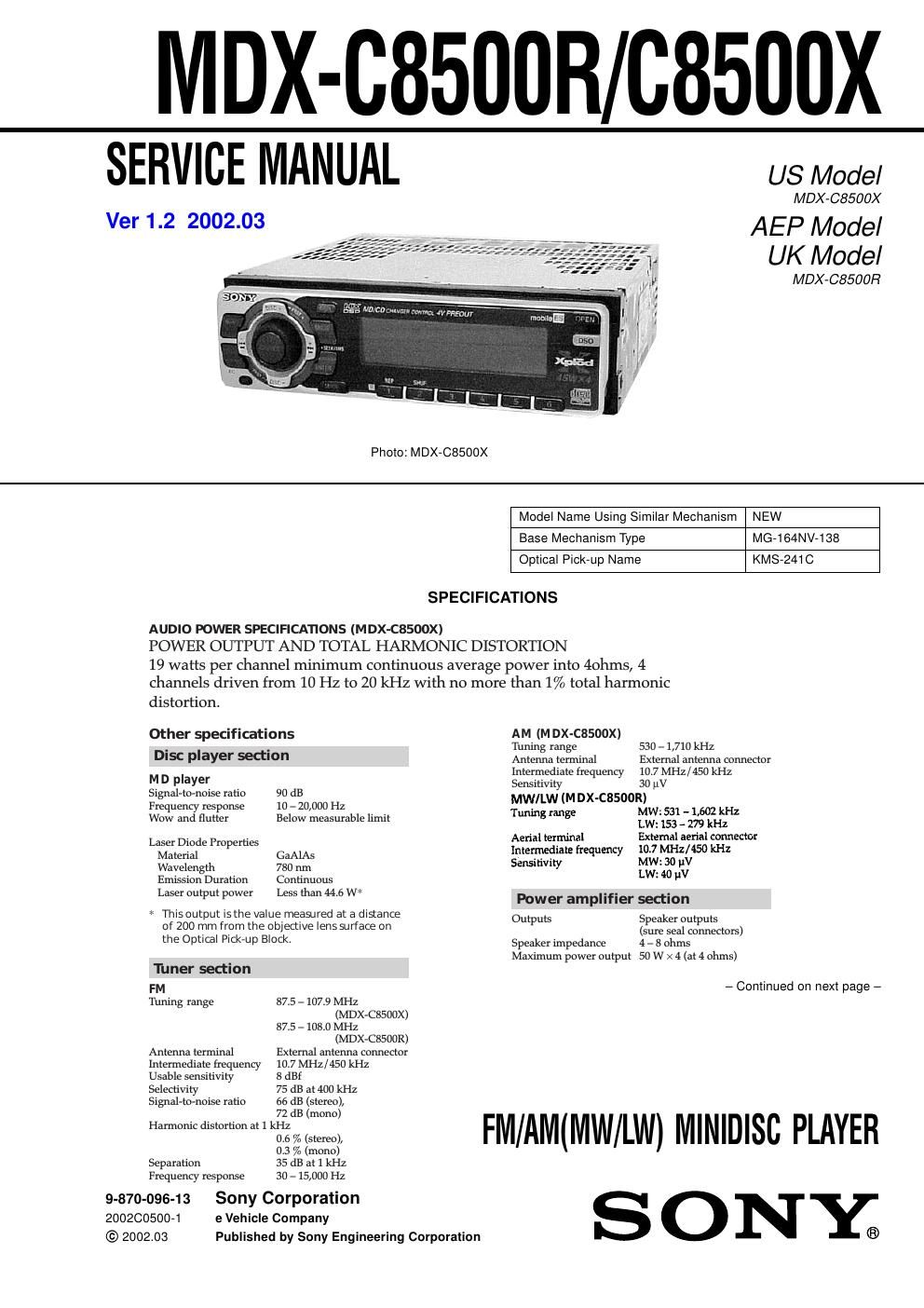 sony mdx c 8500 r service manual