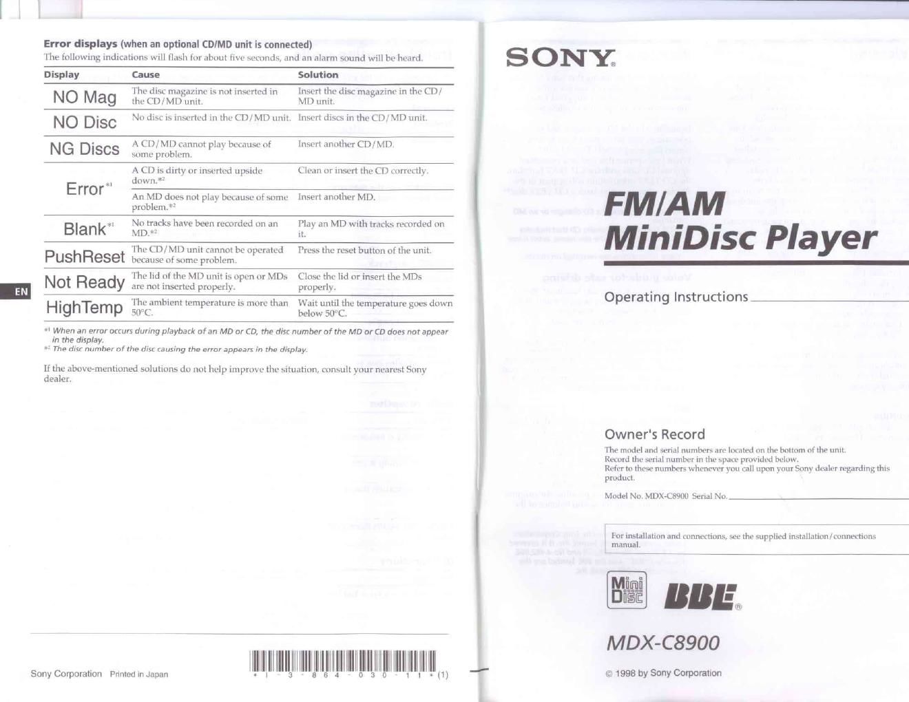 sony mdx c 8900 owners manual