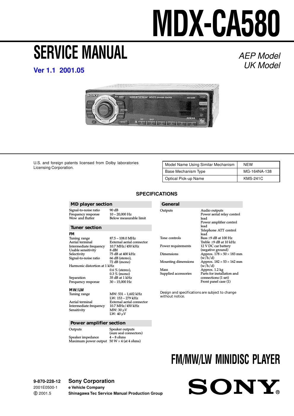 sony mdx ca 580 service manual