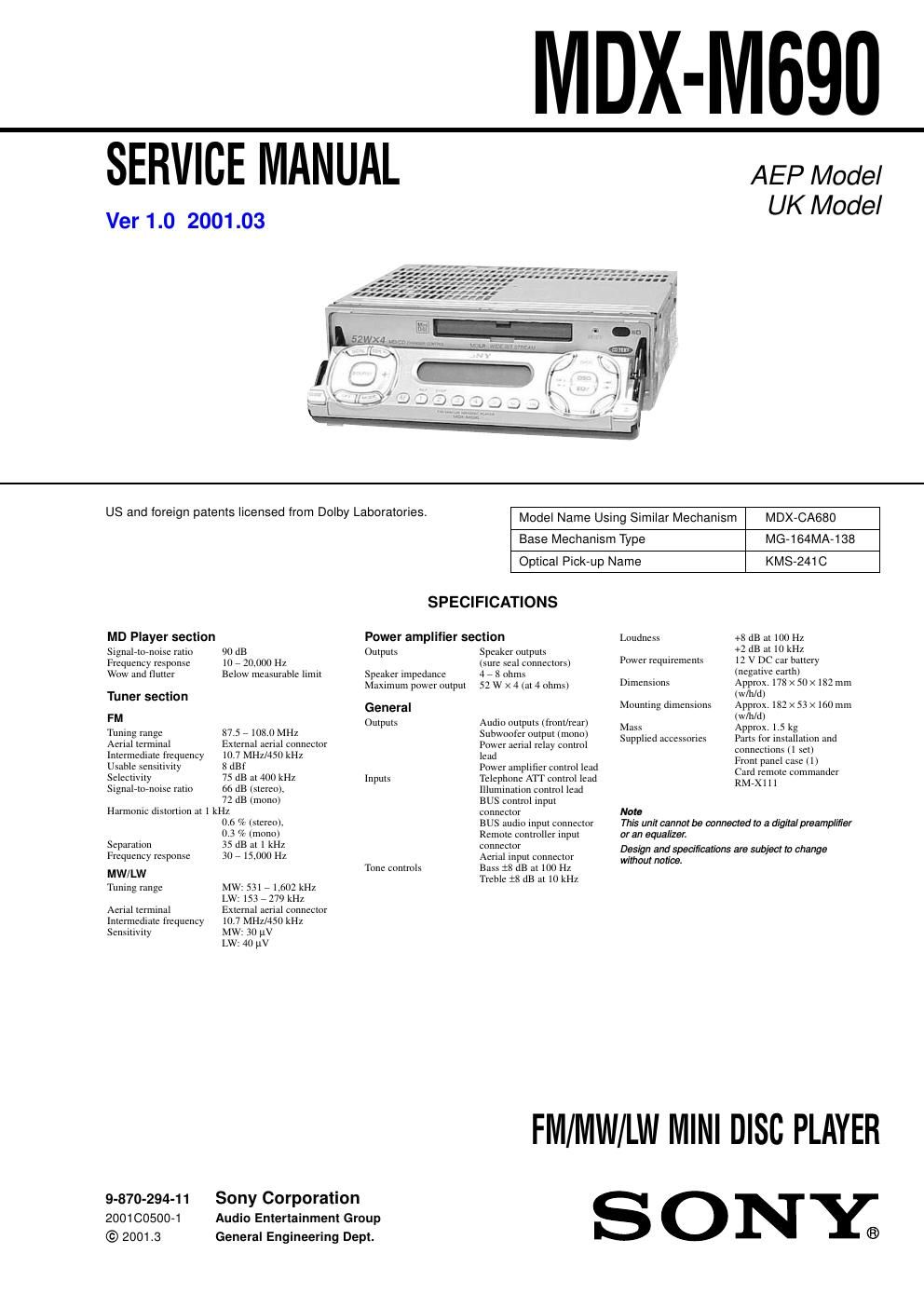 sony mdx m 690 service manual