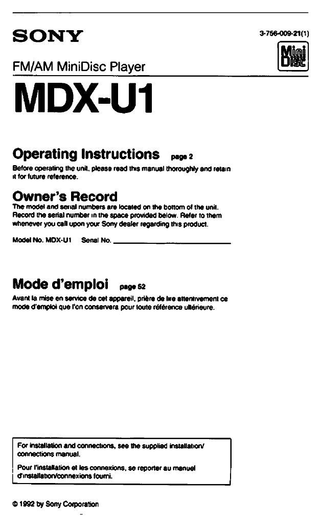 sony mdx u 1 owners manual