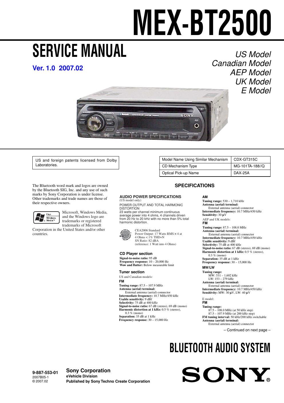 sony mex bt 2500 service manual