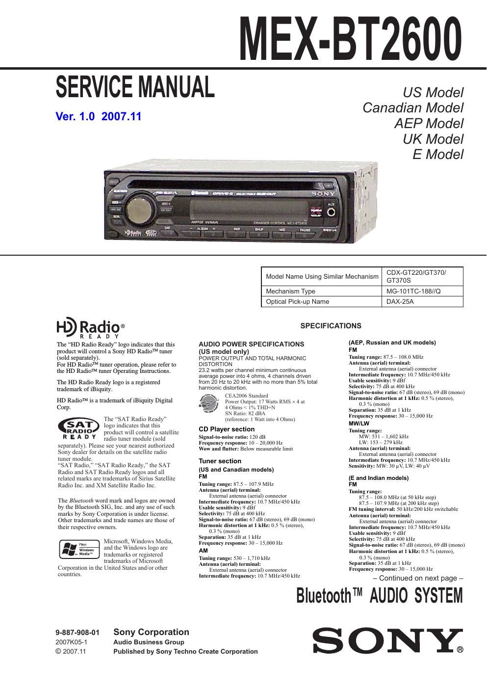 sony mex bt 2600 service manual