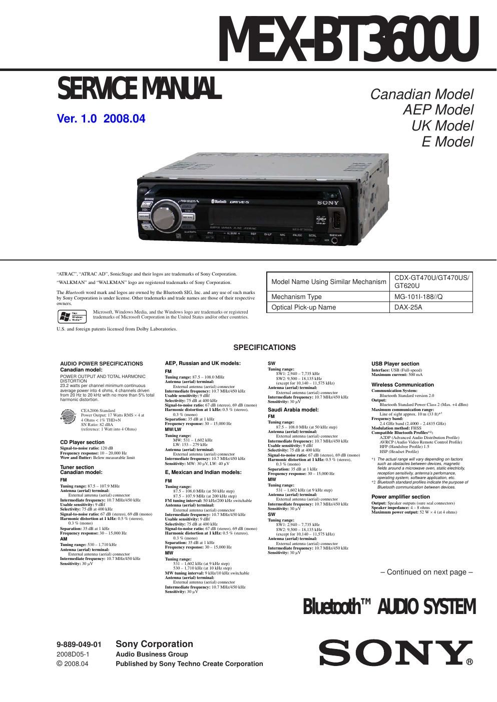 sony mex bt 3600u service manual