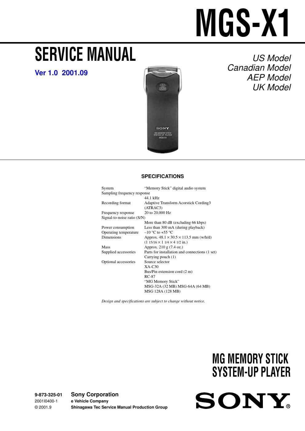 sony mgsx 1 service manual