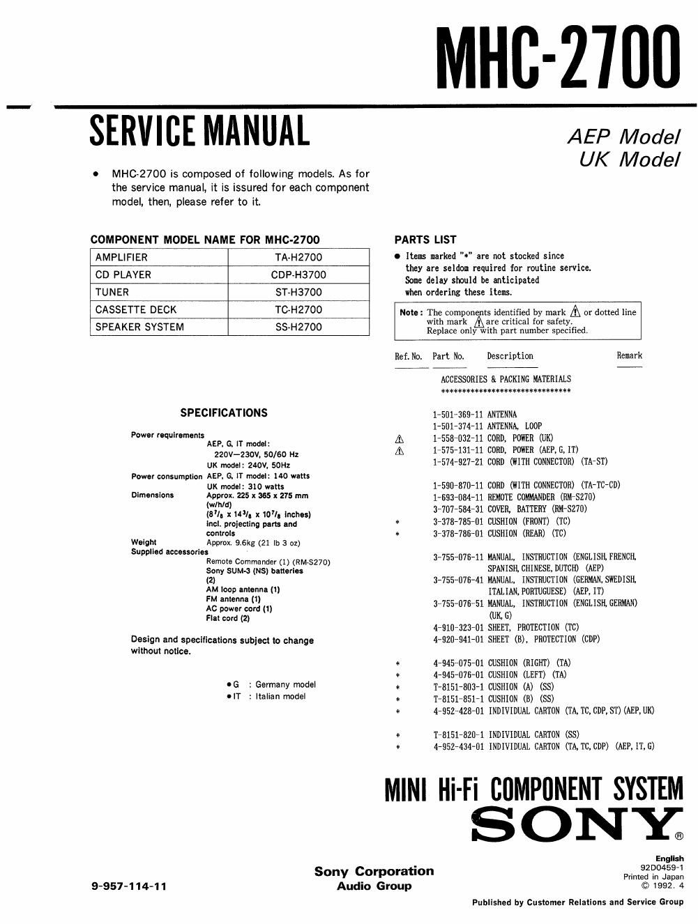 sony mhc 2700 service manual