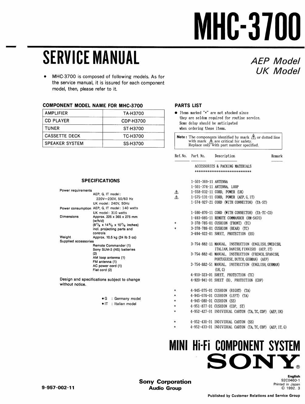 sony mhc 3700 service manual