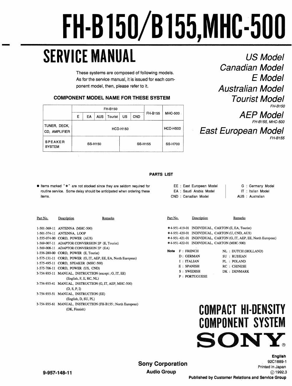 sony mhc 500 service manual