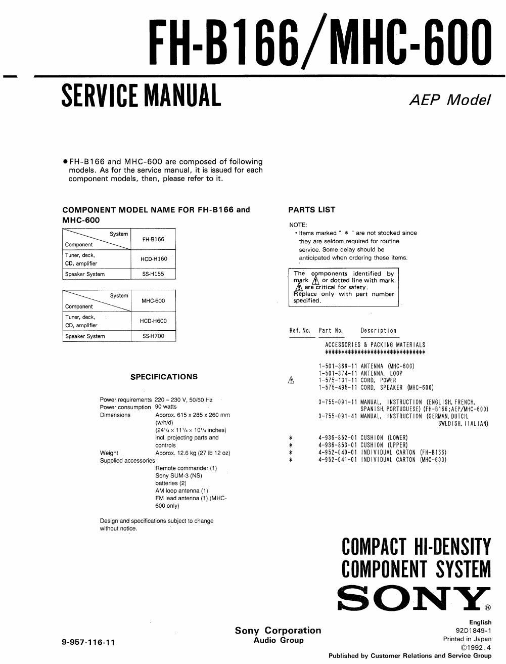 sony mhc 600 service manual