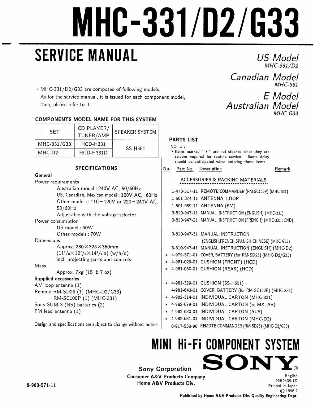 sony mhc d 2 service manual