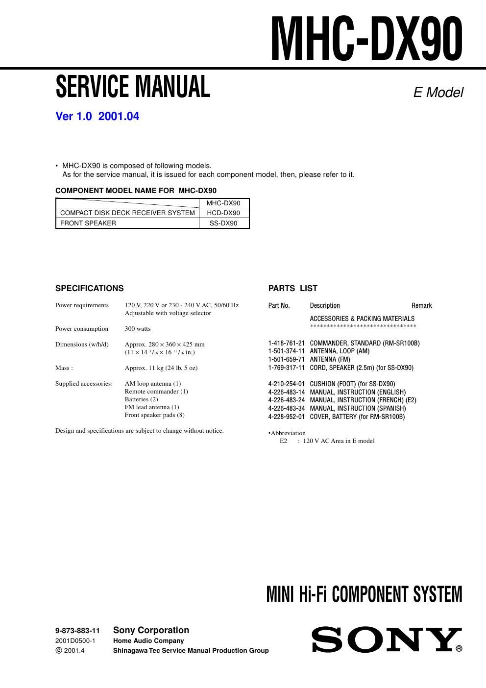 sony mhc dx 90 service manual