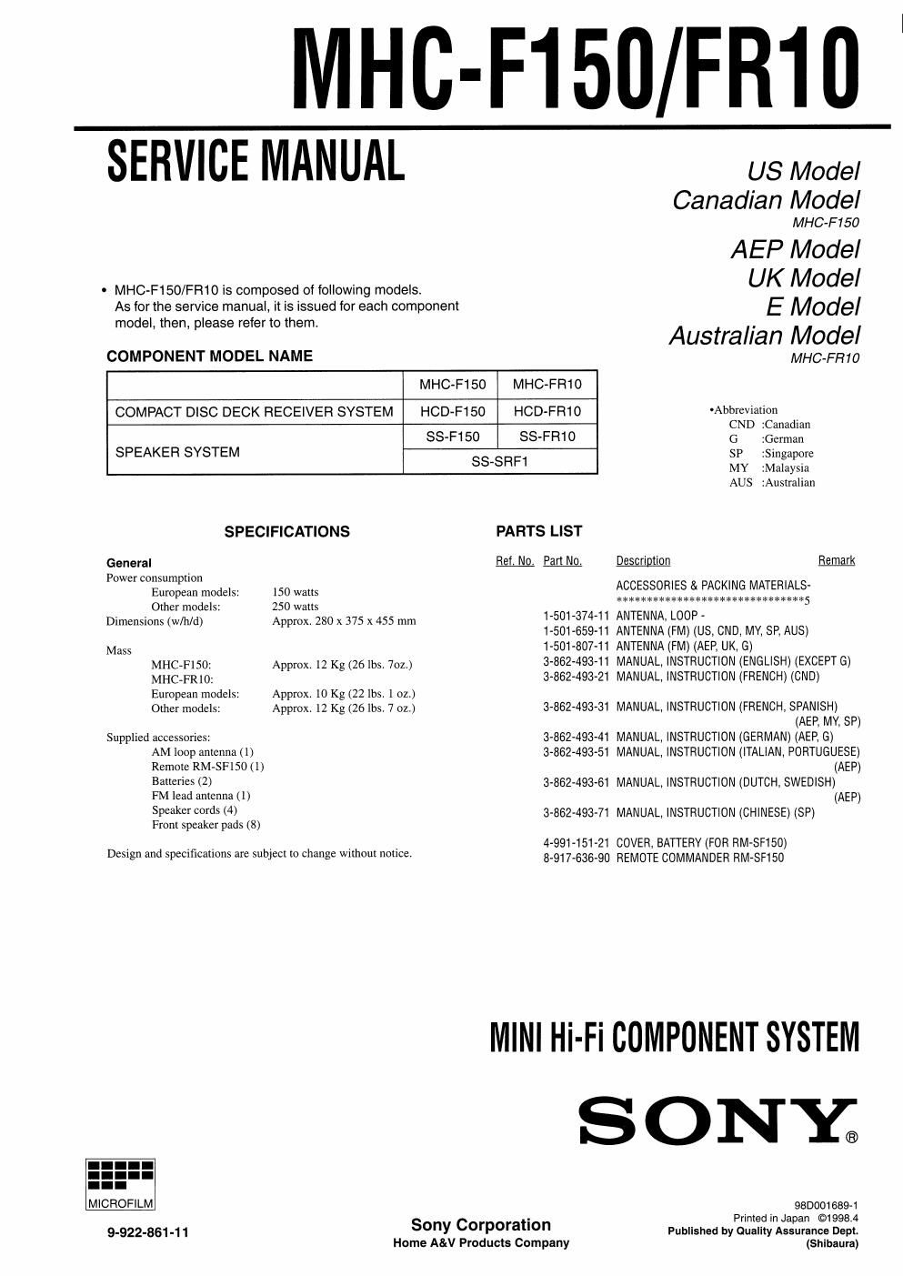 sony mhc f 150 service manual