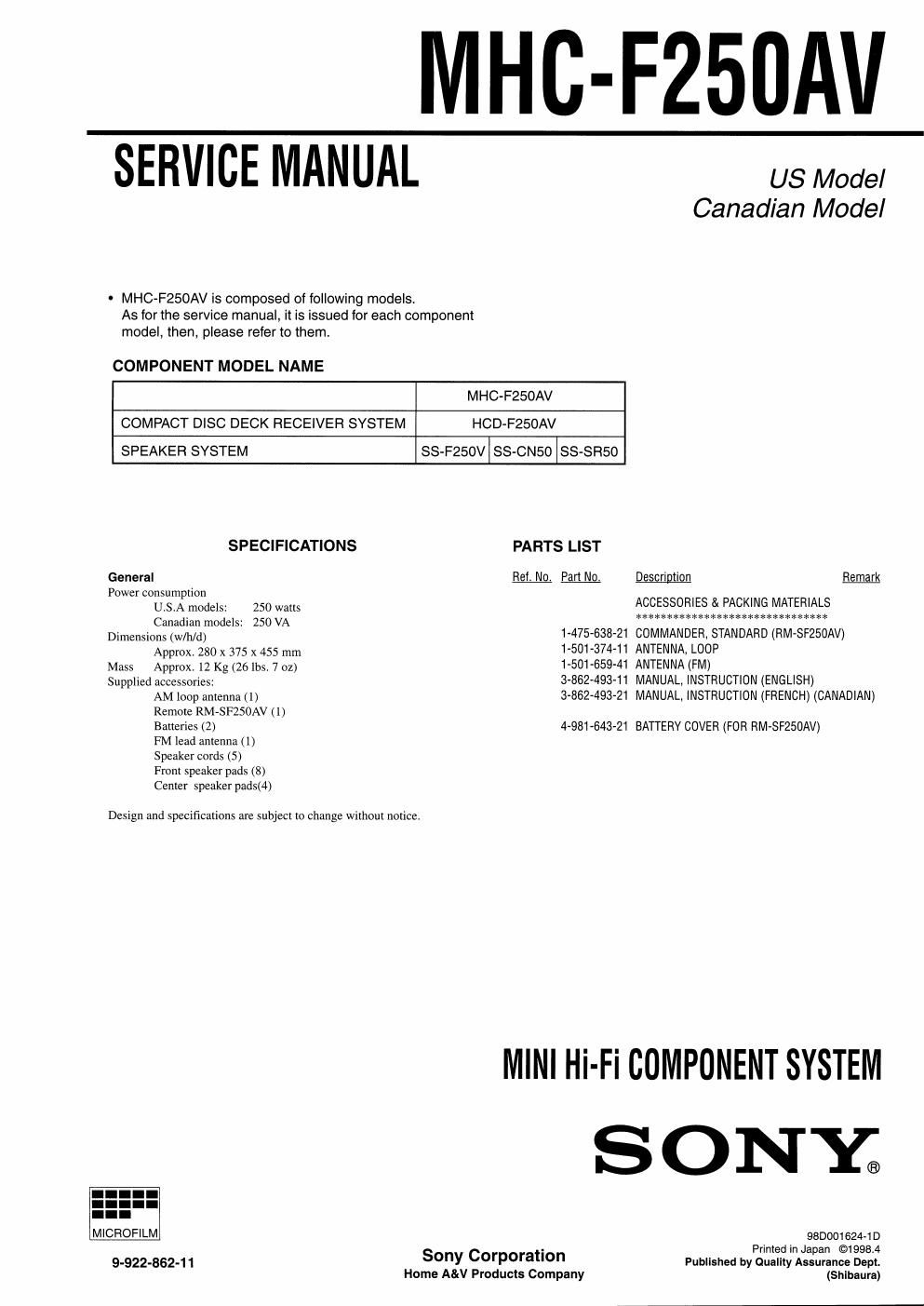 sony mhc f 250 av service manual