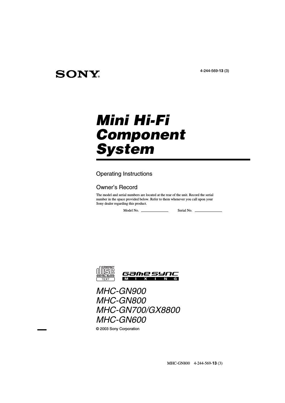 sony mhc gn 600 owners manual