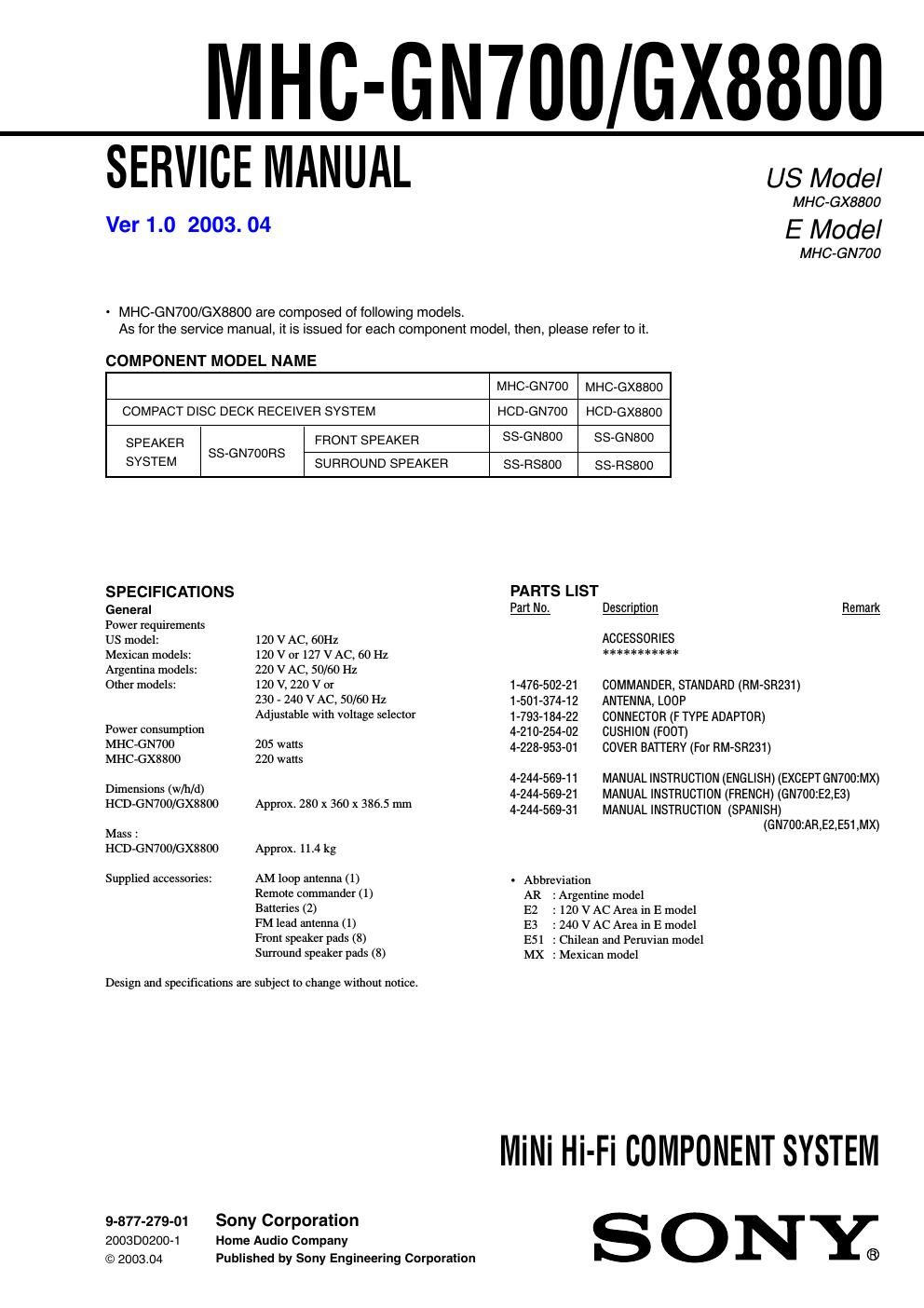 sony mhc gn 700 service manual