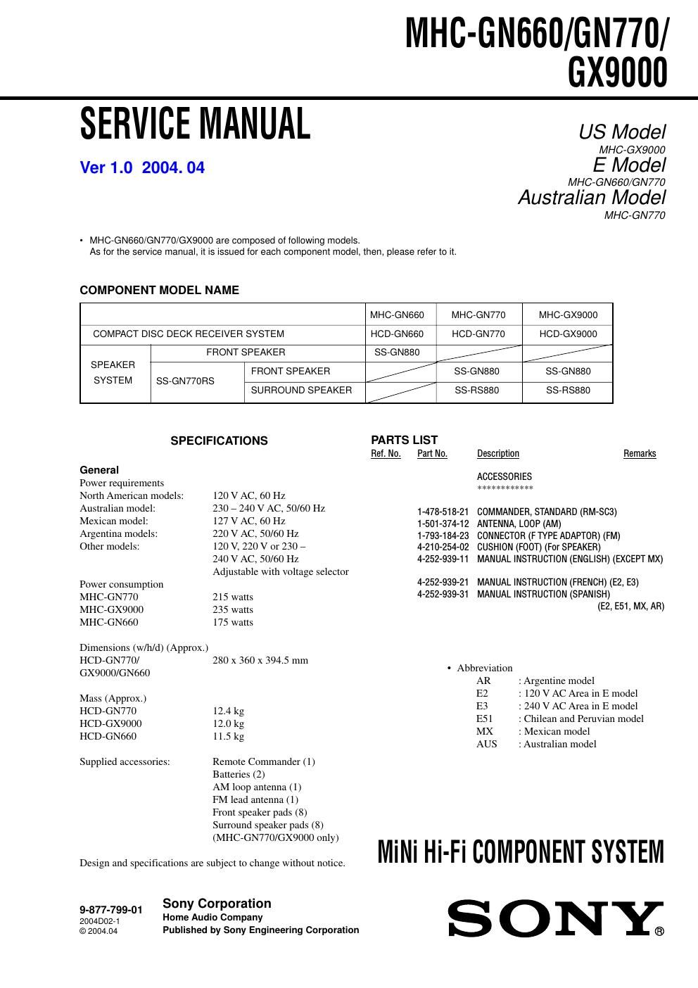 sony mhc gn 770 service manual