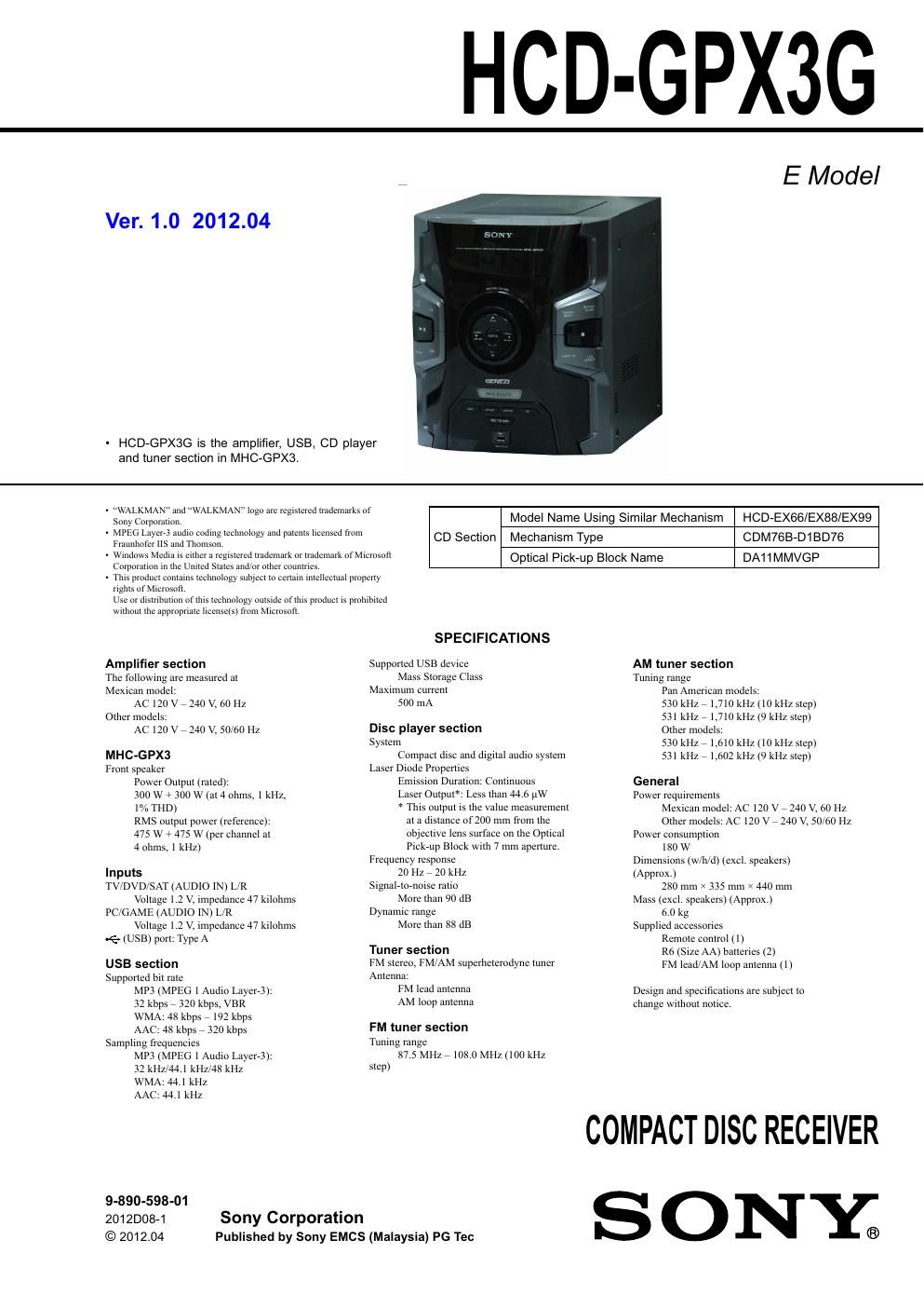 sony mhc gpx 3 atc