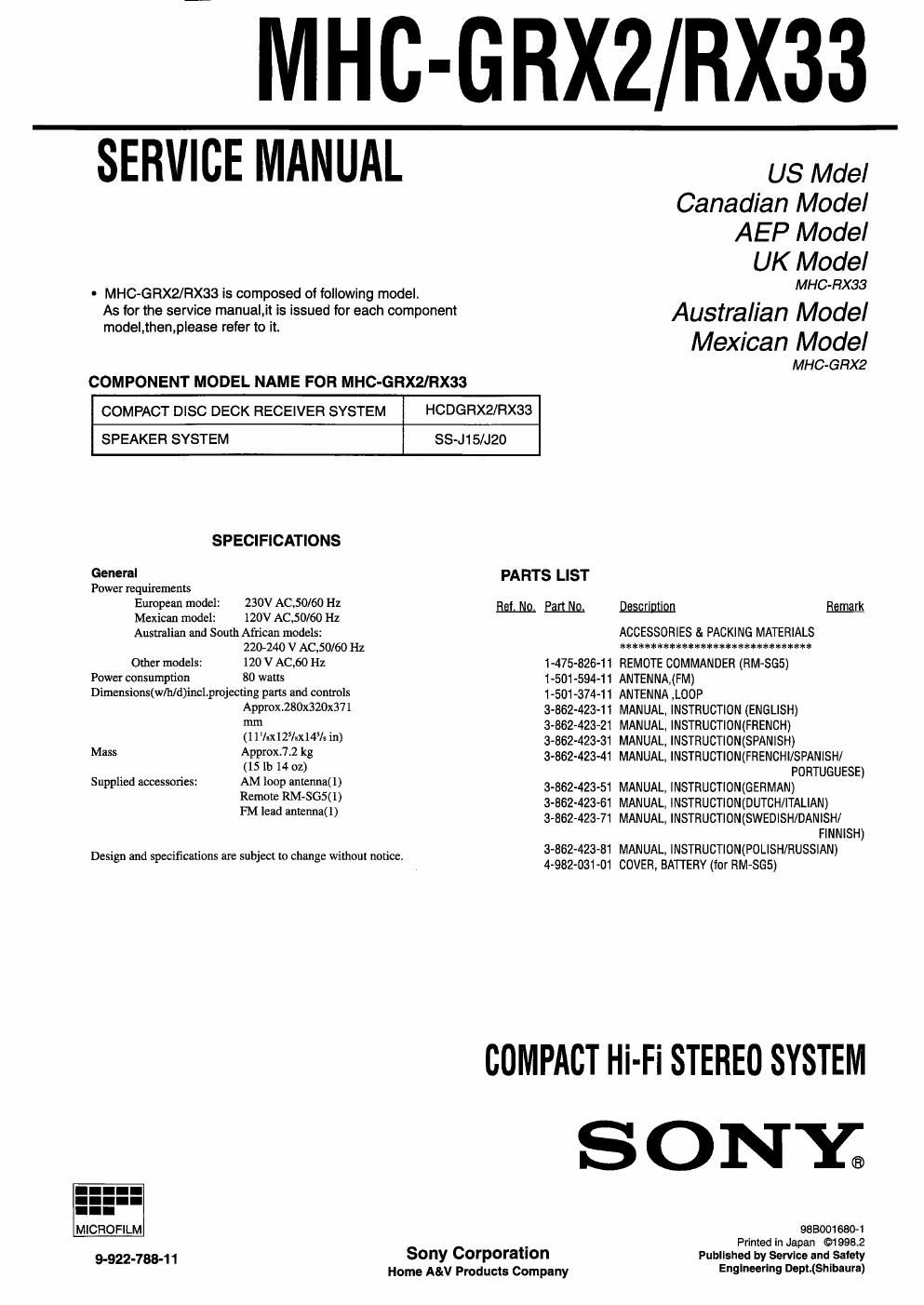 sony mhc grx 2 service manual