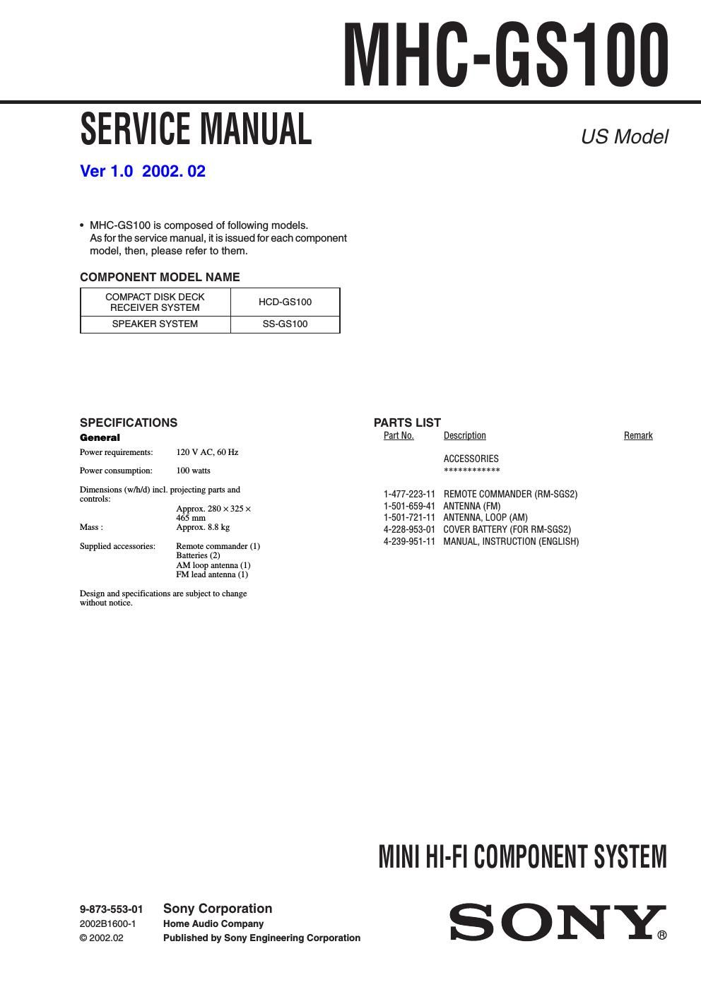 sony mhc gs 100 service manual