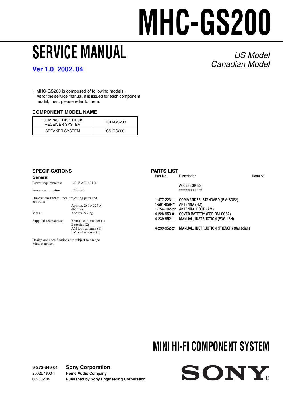 sony mhc gs 200 service manual