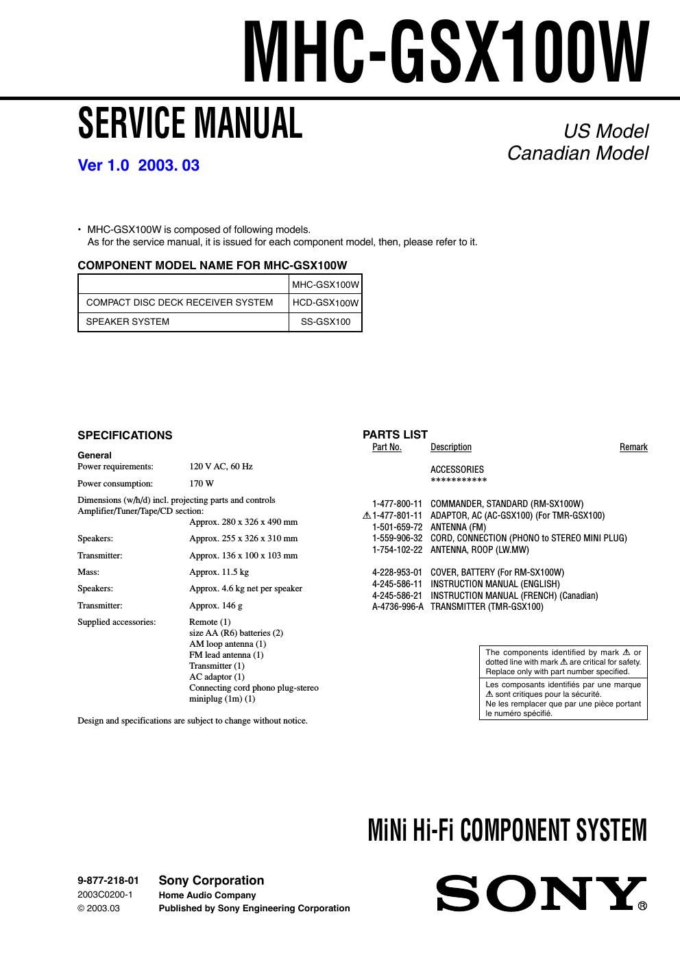 sony mhc gsx 100 w service manual