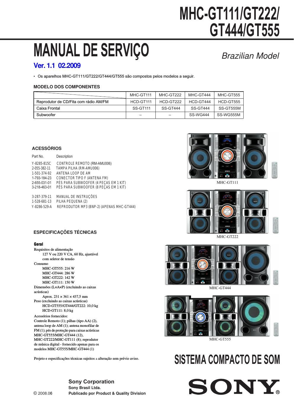 sony mhc gt 111 gt 222 gt 444 gt 555 ver 1 1