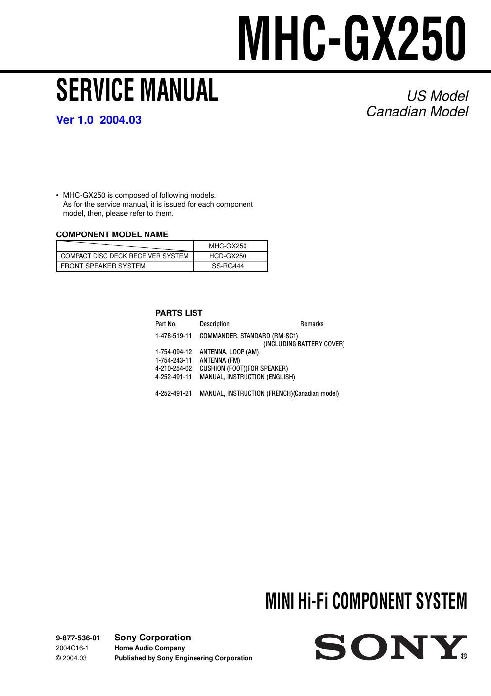 sony mhc gx 250 service manual