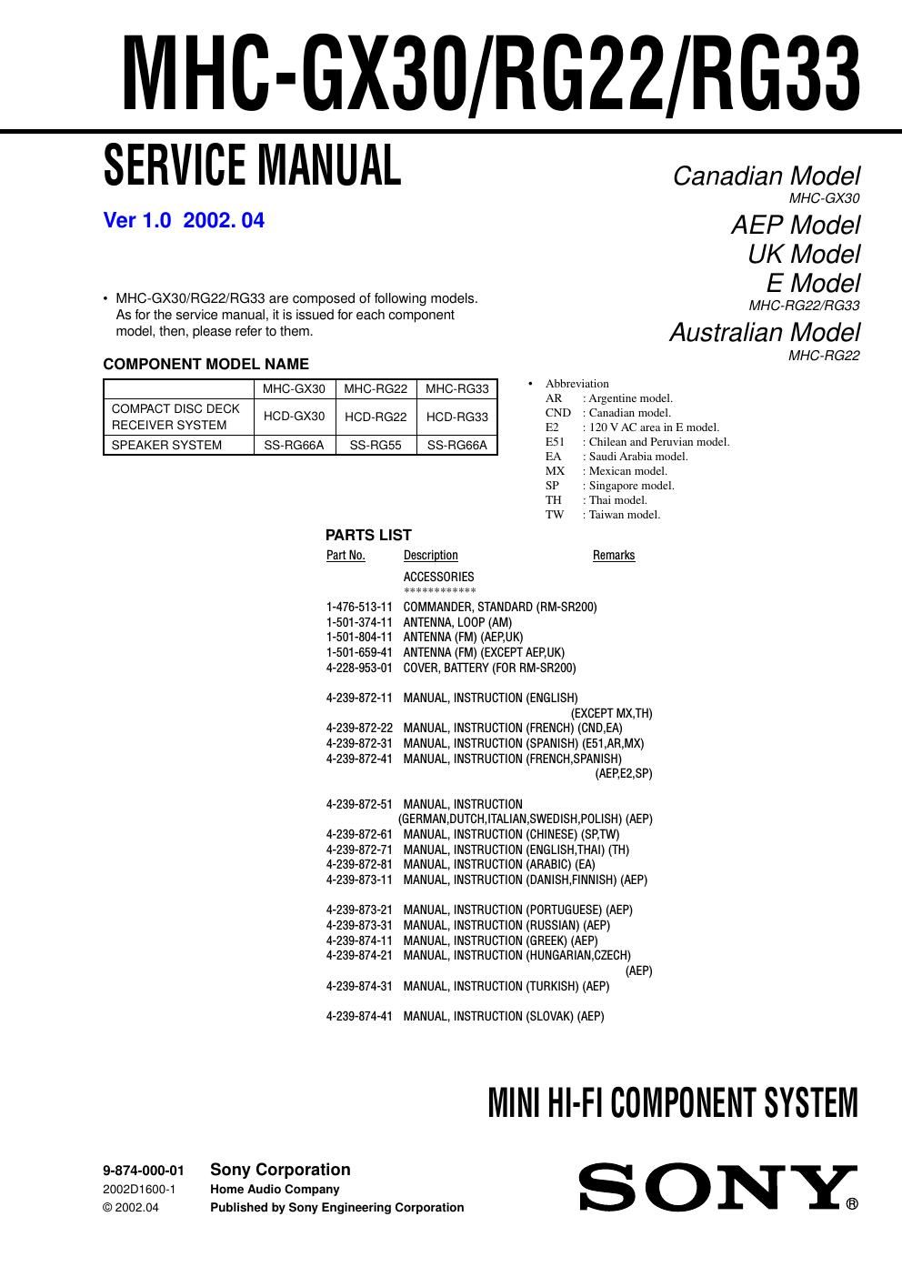 sony mhc gx 30 service manual