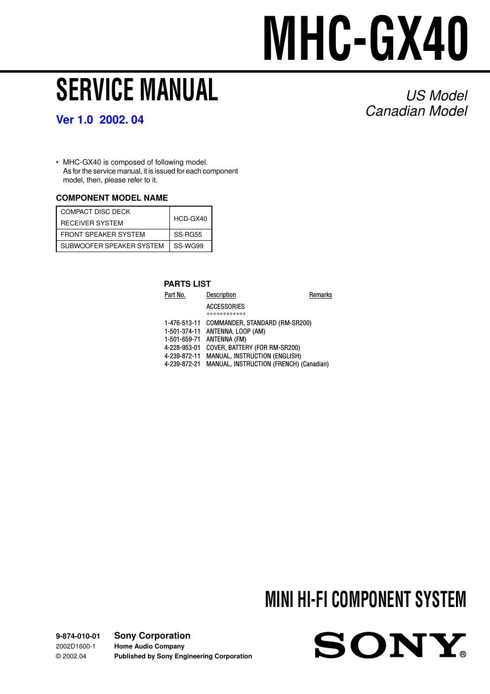 sony mhc gx 40 service manual